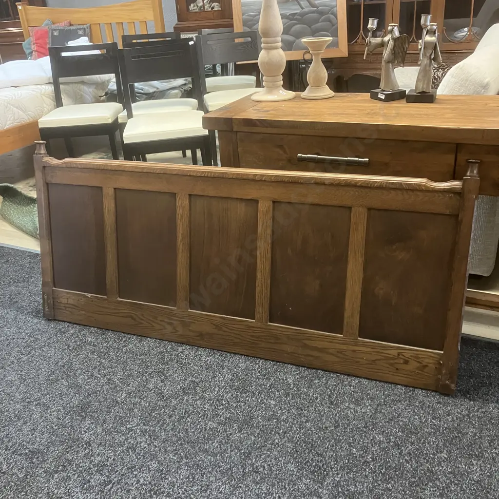 Vintage Solid Oak Panelled 152cm Headboard With Attached Two Drawer Bedside Cabinets. Image 1++