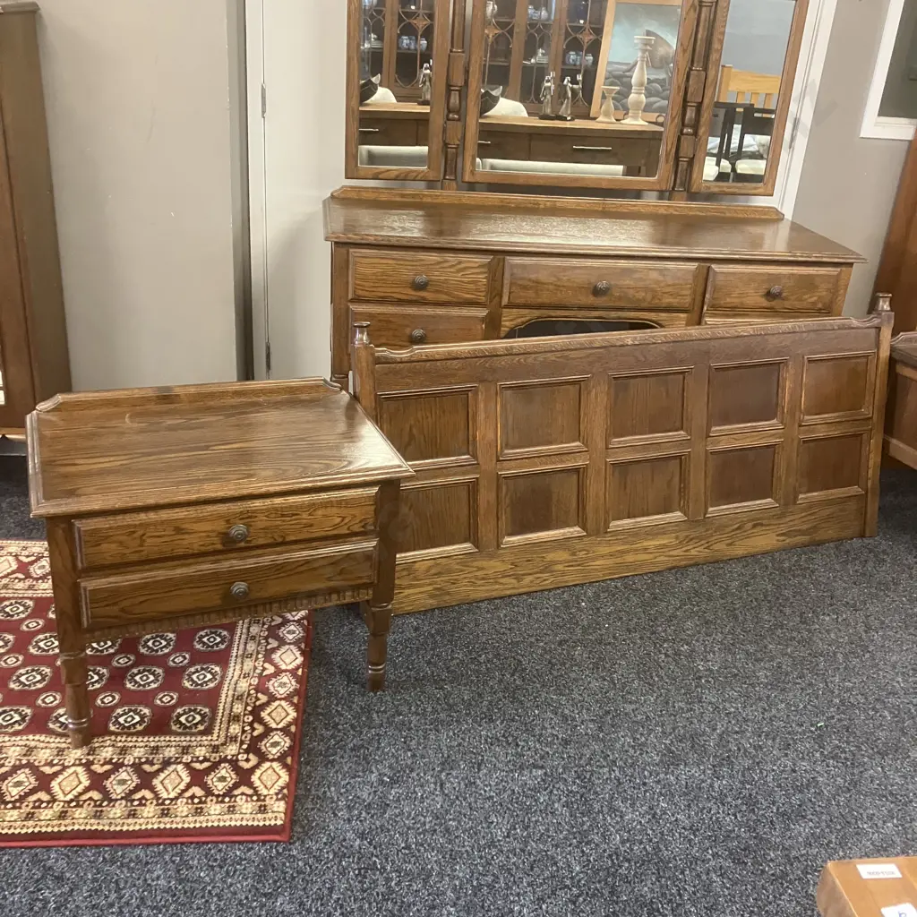 Vintage Solid Oak Panelled 152cm Headboard With Attached Two Drawer Bedside Cabinets. Image 1++