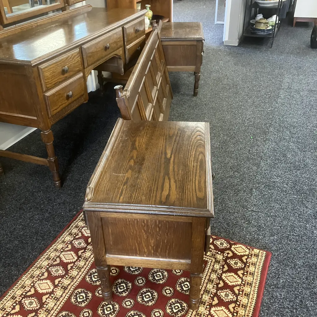 Vintage Solid Oak Panelled 152cm Headboard With Attached Two Drawer Bedside Cabinets. Image 1++