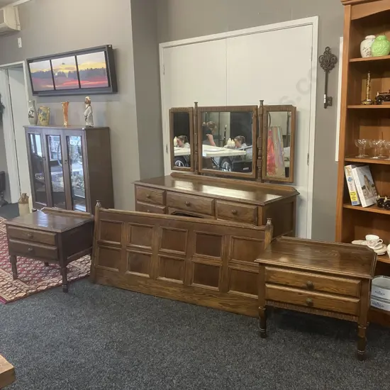Vintage Solid Oak Panelled 152cm Headboard With Attached Two Drawer Bedside Cabinets.