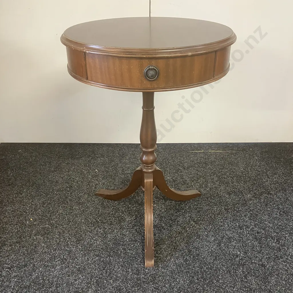 Mahogany Single Drawer Drum Table, Turned Base, Tri-Leg. 72 x 51cm (AF) Image 1++