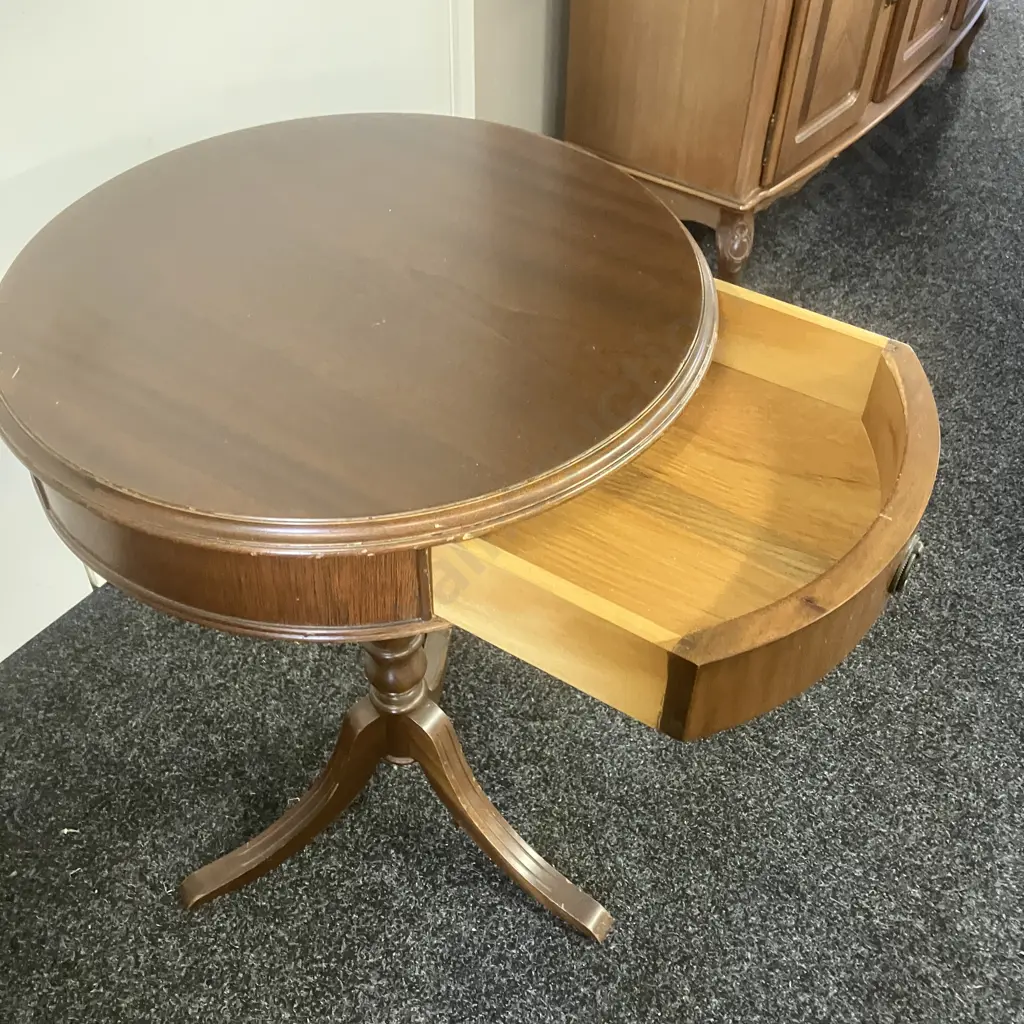 Mahogany Single Drawer Drum Table, Turned Base, Tri-Leg. 72 x 51cm (AF) Image 1++