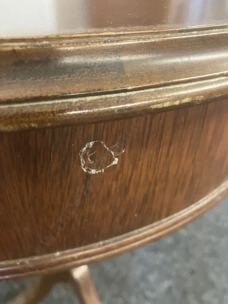 Mahogany Single Drawer Drum Table, Turned Base, Tri-Leg. 72 x 51cm (AF) Image 1++