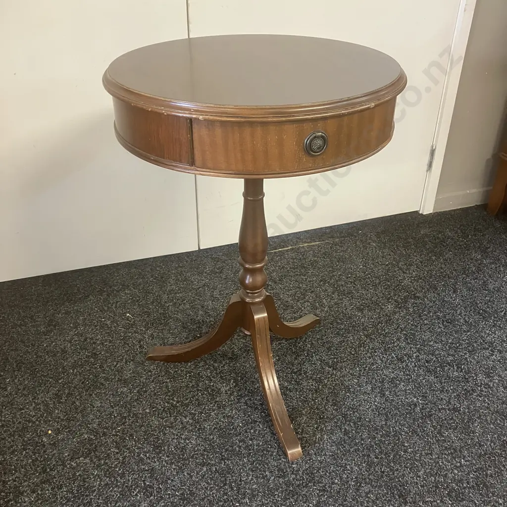 Mahogany Single Drawer Drum Table, Turned Base, Tri-Leg. 72 x 51cm (AF) Image 1++