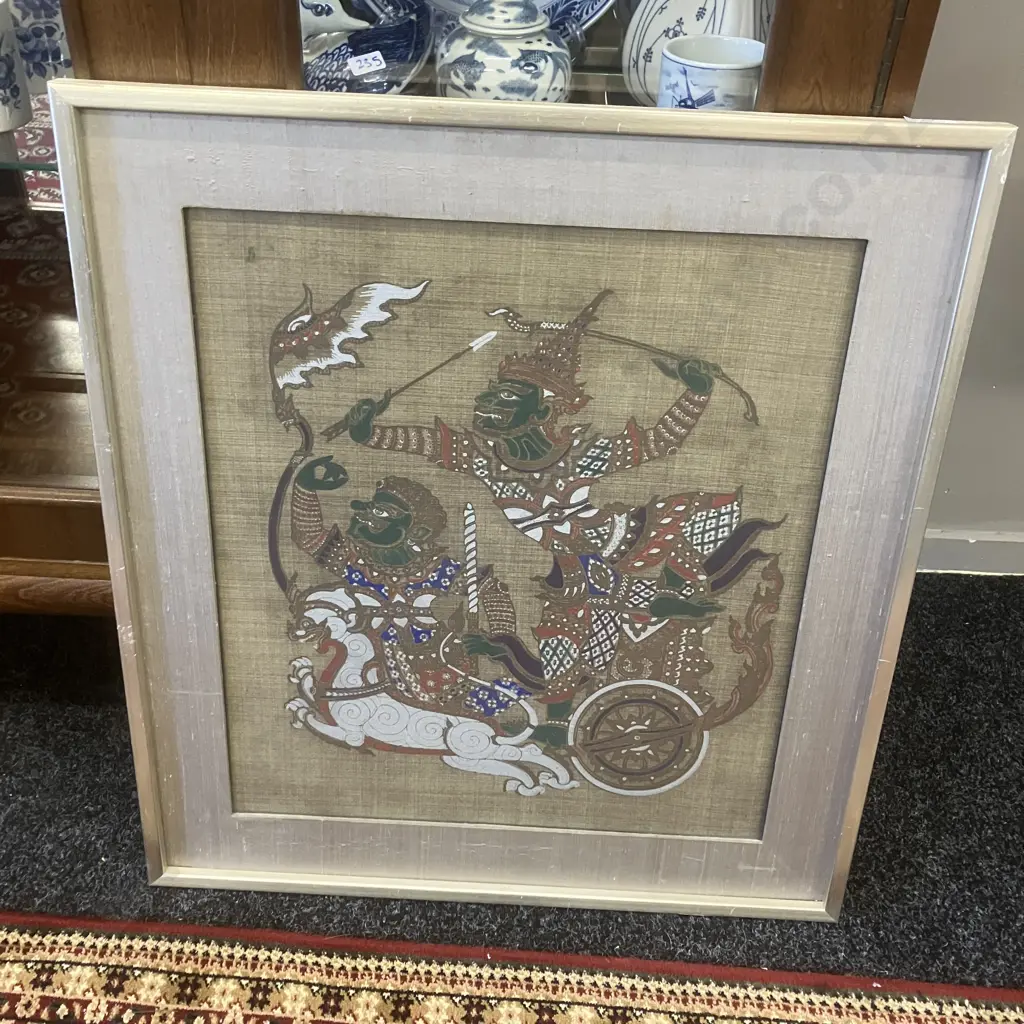Lot of Three Vintage Thai Framed Silk Paintings. 64 x 58cm Image 1++