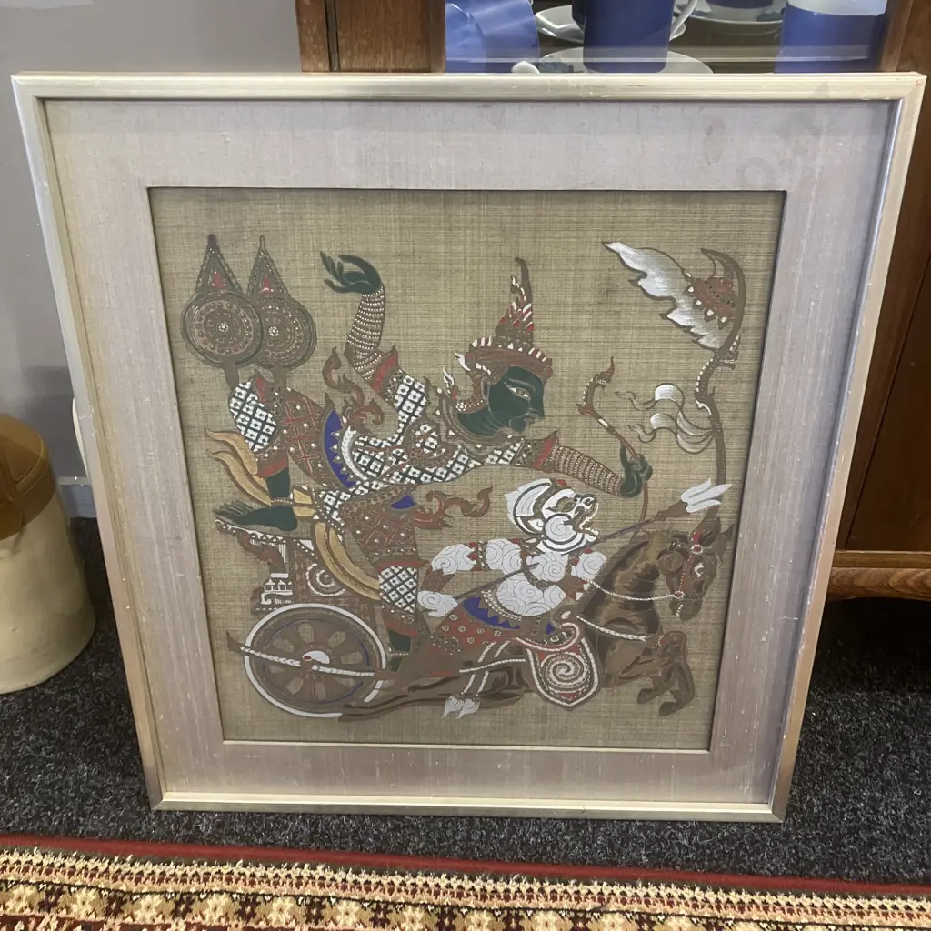 Lot of Three Vintage Thai Framed Silk Paintings. 64 x 58cm Image 1++