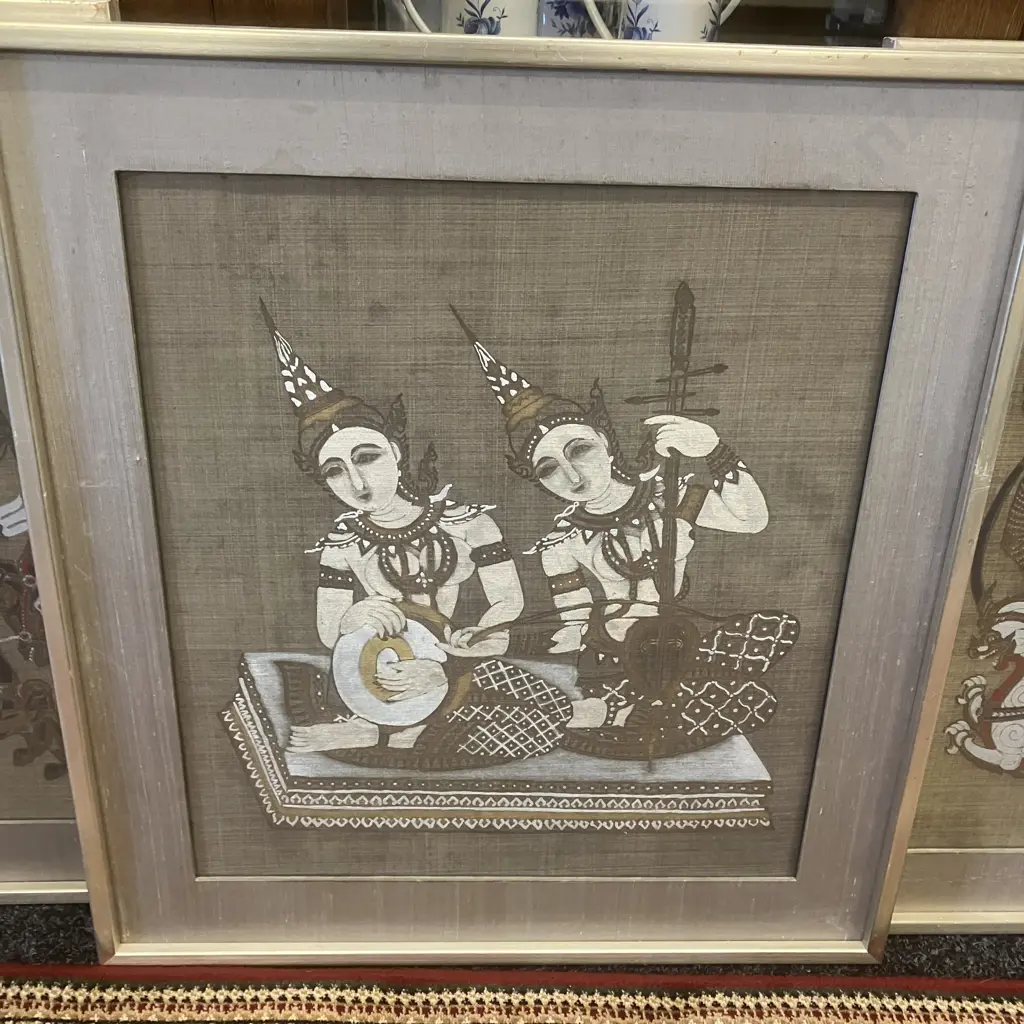 Lot of Three Vintage Thai Framed Silk Paintings. 64 x 58cm Image 1++