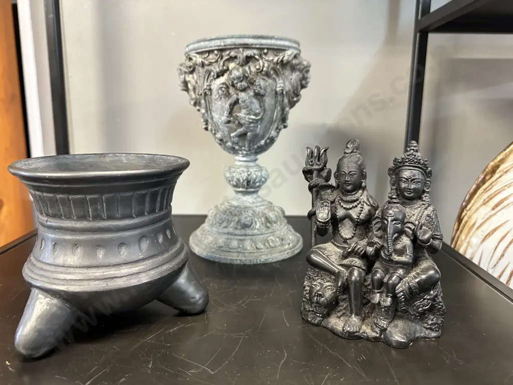 Vintage Figurine, Ornate Metal Urn & Mexican Vase Image 1++
