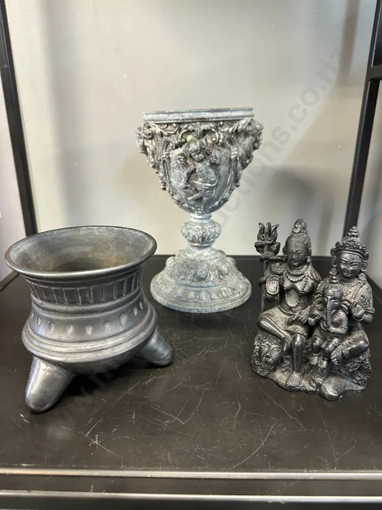 Vintage Figurine, Ornate Metal Urn & Mexican Vase Image 1++