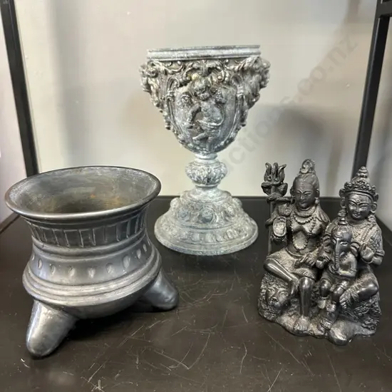 Vintage Figurine, Ornate Metal Urn & Mexican Vase