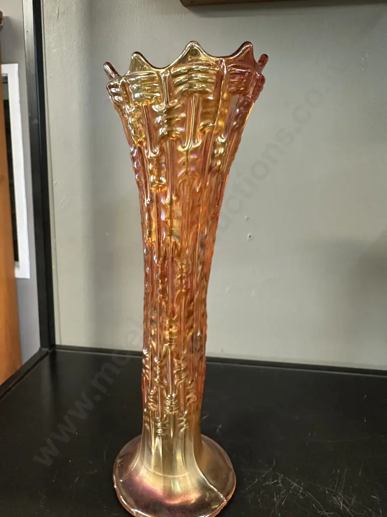 Vintage Dugan Carnival Glass Vase 'Big Basket Weave' Pattern Marigold Colour H27cm. Image 1++