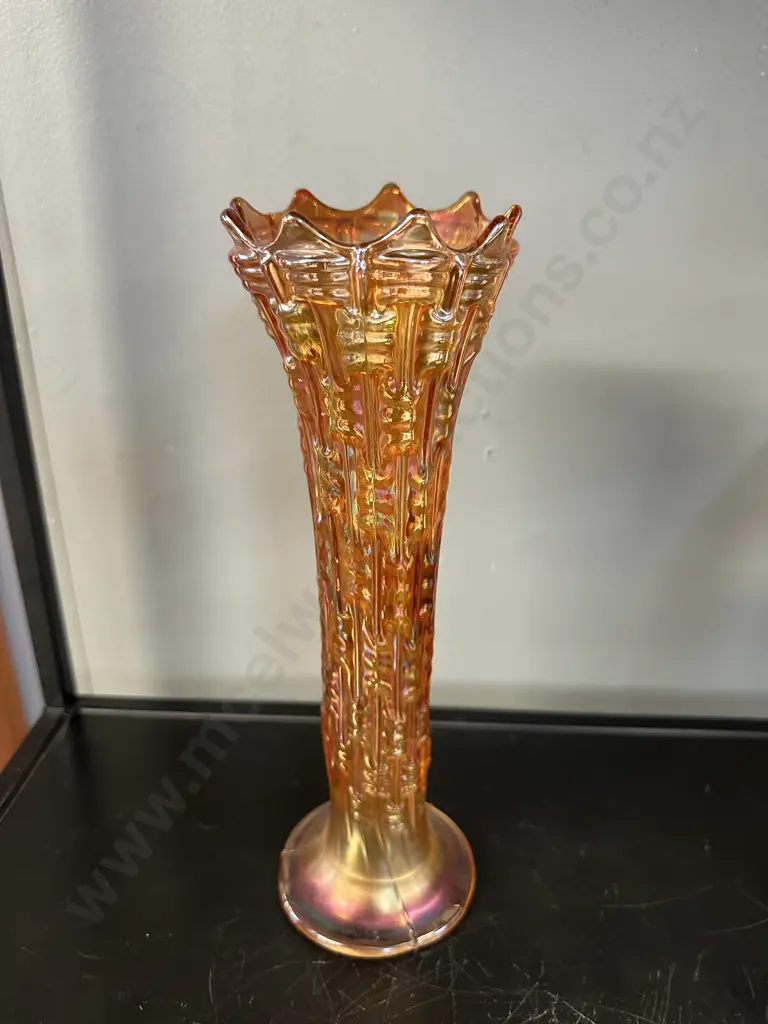Vintage Dugan Carnival Glass Vase 'Big Basket Weave' Pattern Marigold Colour H27cm. Image 1++