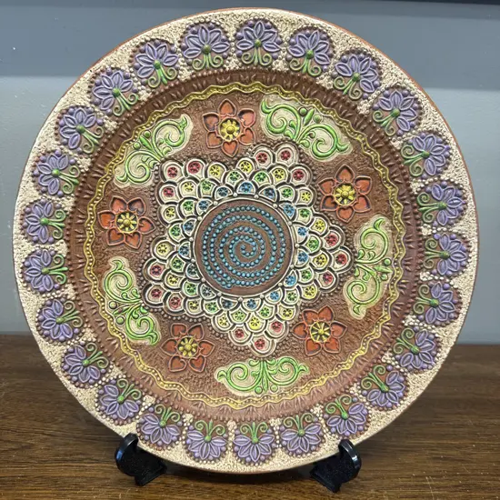 Pottery Wall Plate With Spanish Floral Colours Dia30cm.
