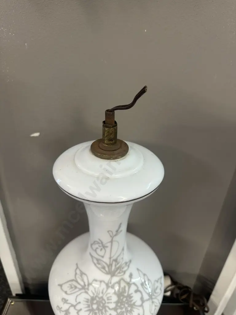 Vintage Mid-Century Milk Glass Table Lamp Base With Floral Etching Image 1++