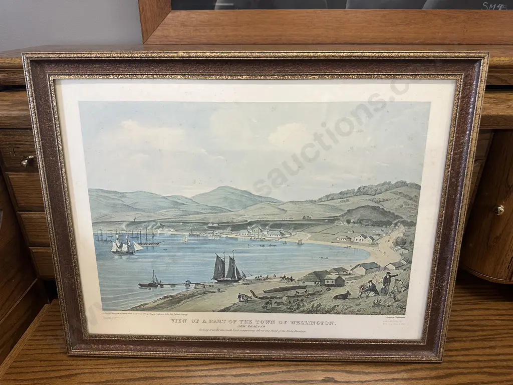 Vintage Gilt Framed Print View Of A Part Of The Town Of Wellington NZ H51,W66cm. Image 1++