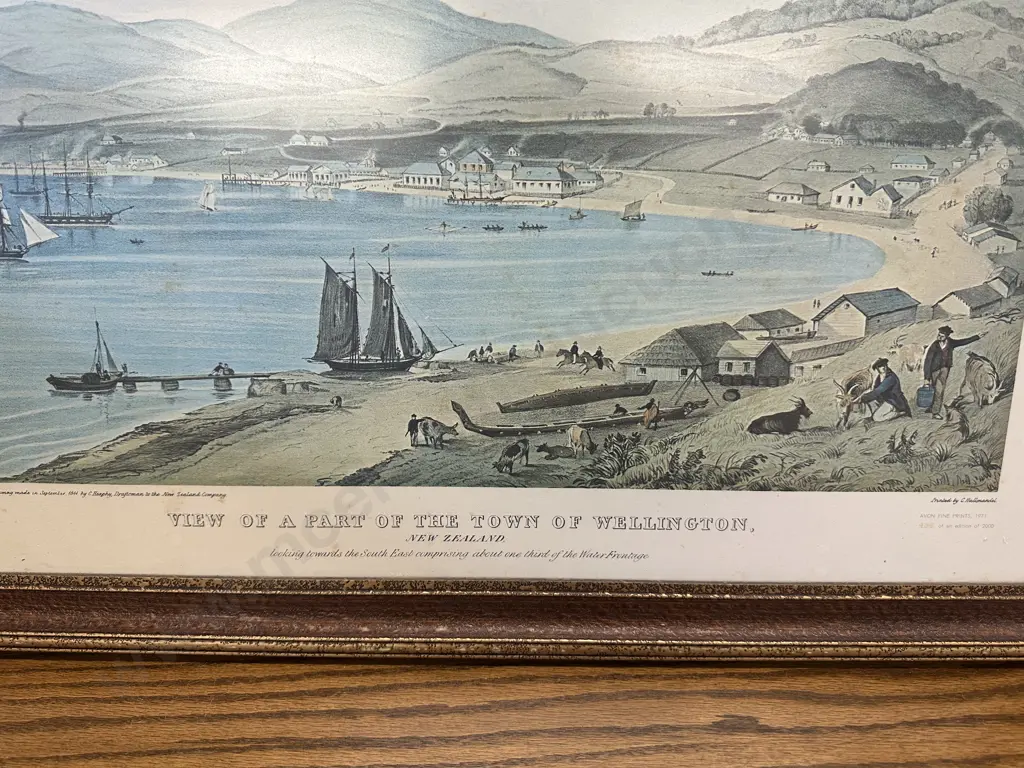 Vintage Gilt Framed Print View Of A Part Of The Town Of Wellington NZ H51,W66cm. Image 1++