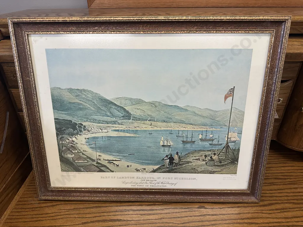 Vintage Gilt Framed Print Part Of Lambton Harbour, In Port Nicholson NZ. H51,W66cm. Image 1++