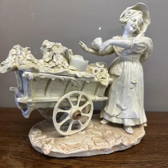 Capodimonte ? Figurine Woman With Flower Cart (af to watering can) #10929 H19,W21cm.
