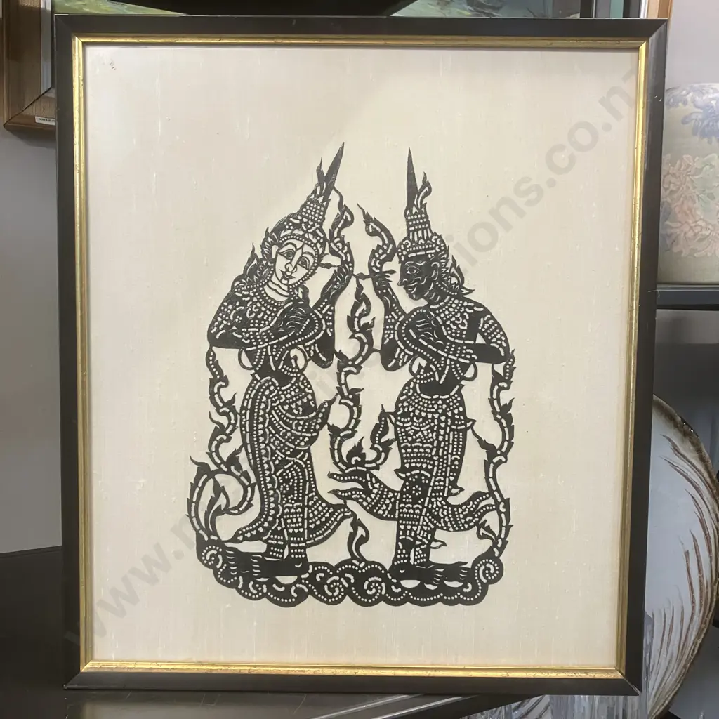 Vintage Framed  Thai Art - Thai Siam Dancers Buffalo Hide Leather Cut Outs c1960's. 42.5 x 37.5cm Image 1++