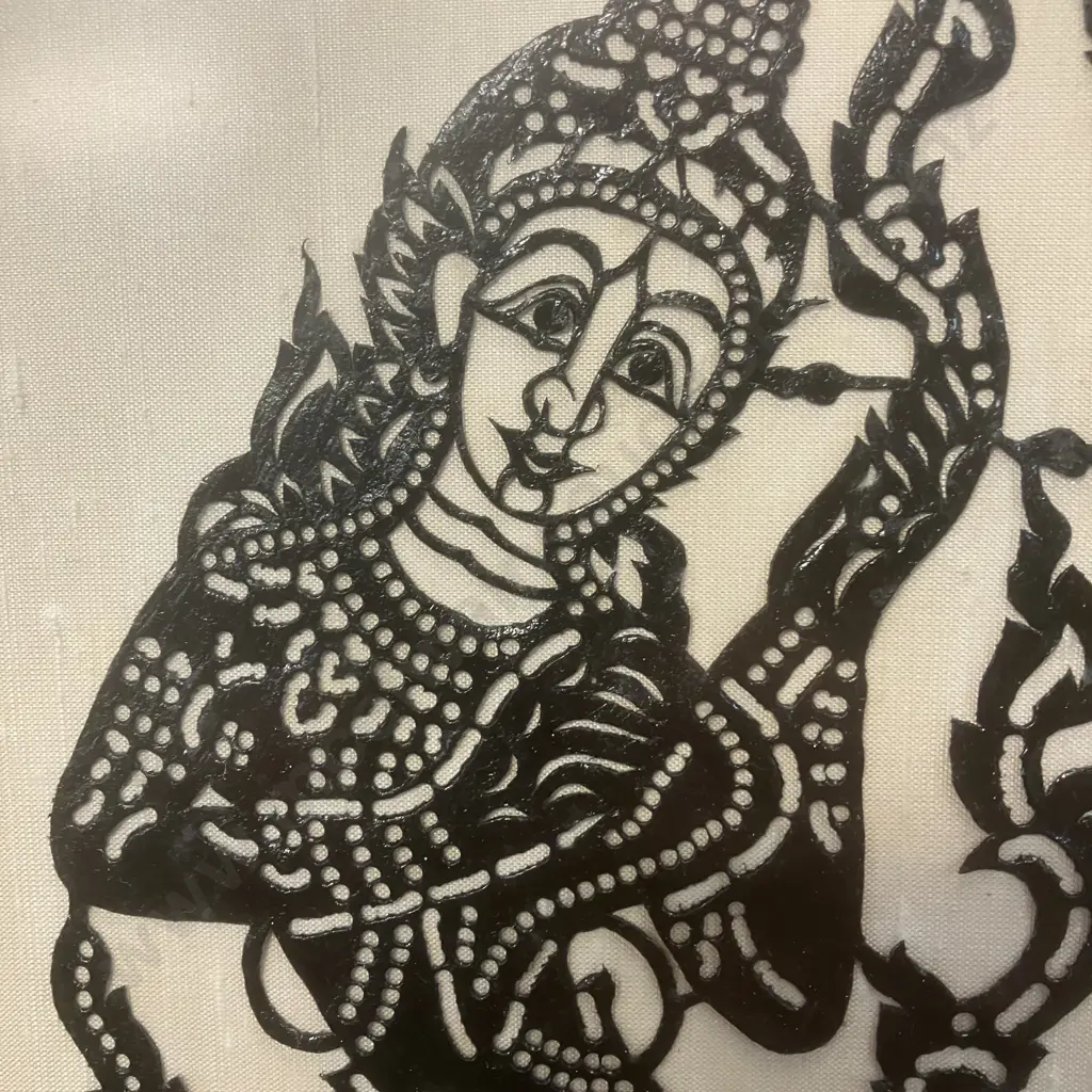 Vintage Framed  Thai Art - Thai Siam Dancers Buffalo Hide Leather Cut Outs c1960's. 42.5 x 37.5cm Image 1++