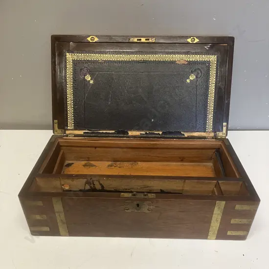 Antique Brass Bound Mahogany Writing Slope - As Found. H16.4 W45 D24.5cm