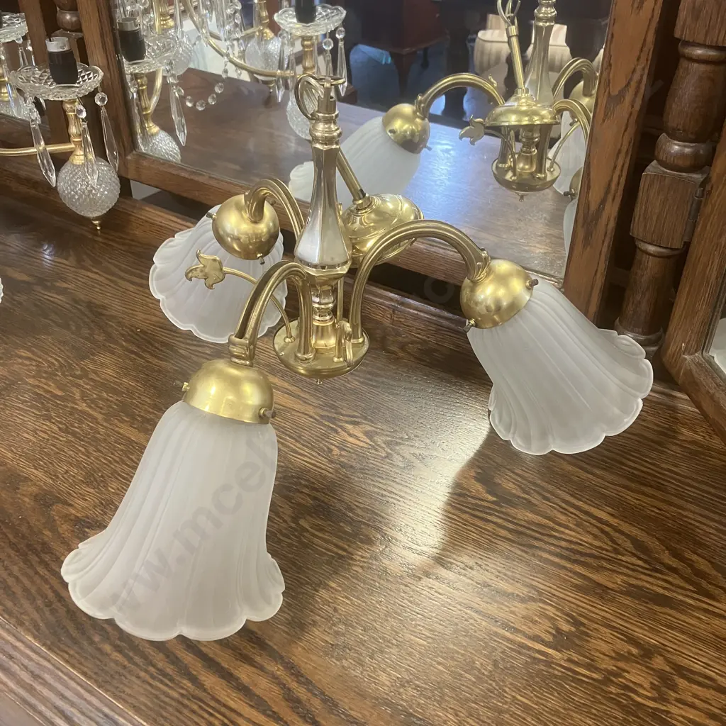 Vintage Brass & Frosted Glass 3 Light Ceiling Pendant Image 1++