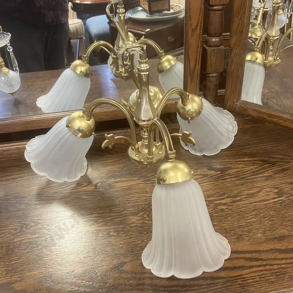 Vintage Brass & Frosted Glass 3 Light Ceiling Pendant Image 1++