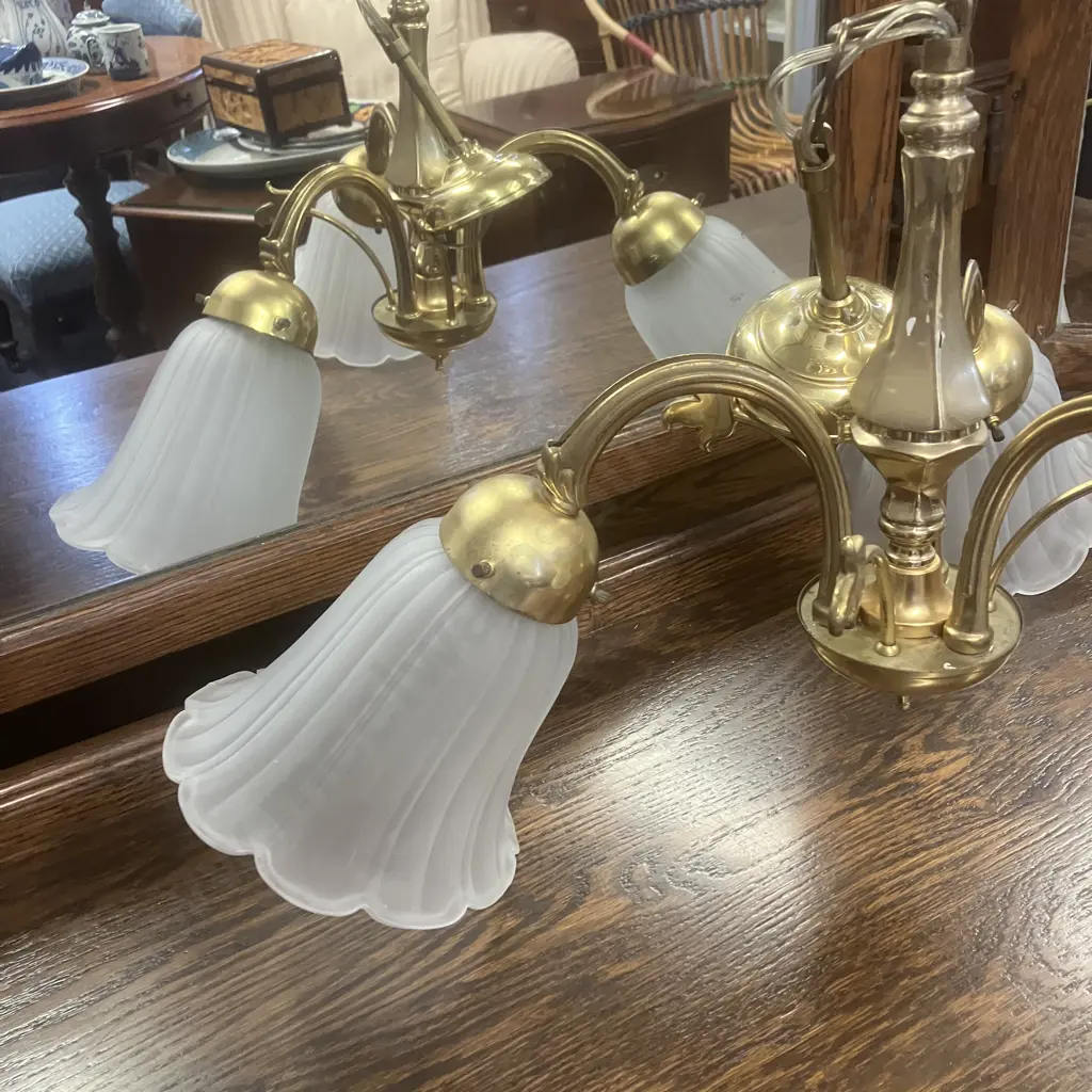 Vintage Brass & Frosted Glass 3 Light Ceiling Pendant Image 1++