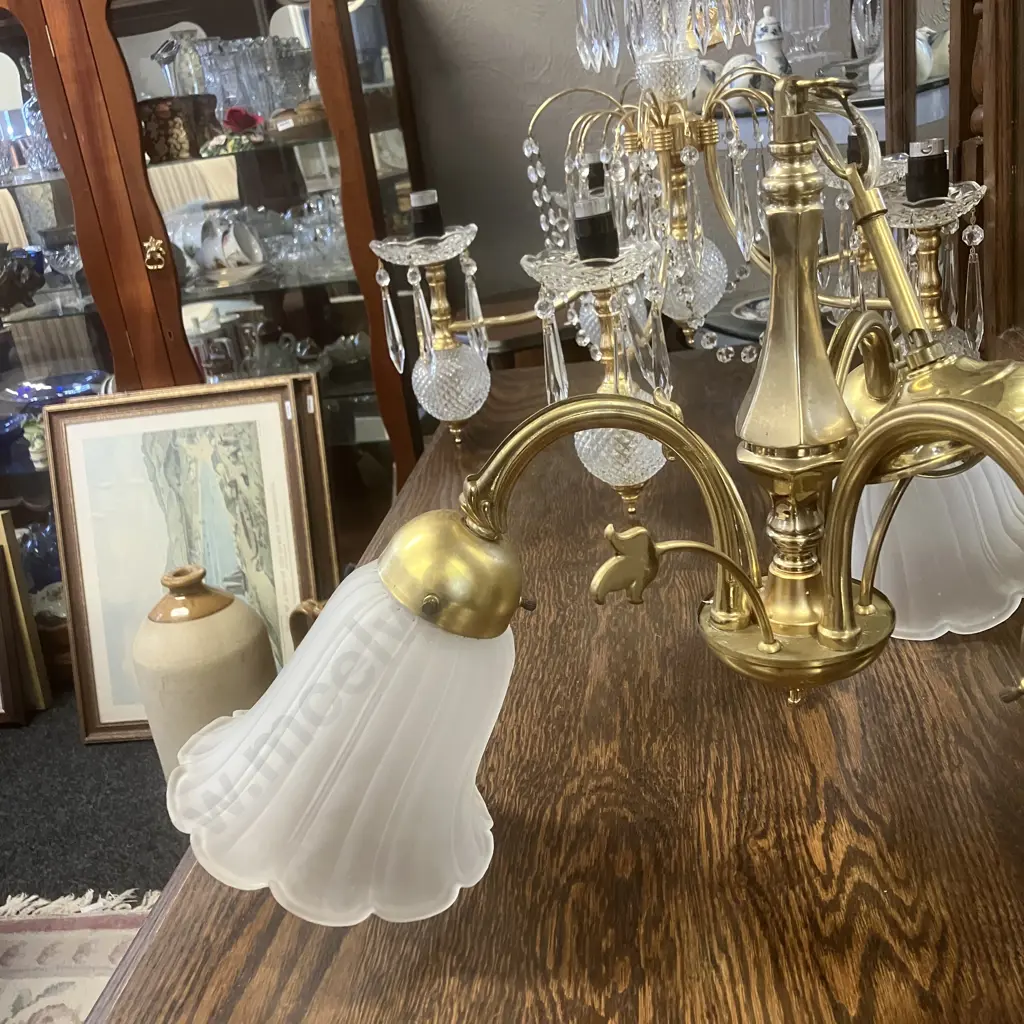 Vintage Brass & Frosted Glass 3 Light Ceiling Pendant Image 1++