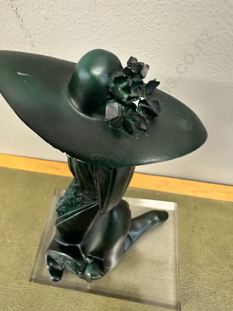 Signed A.Belcari Sculpture On Clear Plinth Woman In A Hat & Dress Image 1++