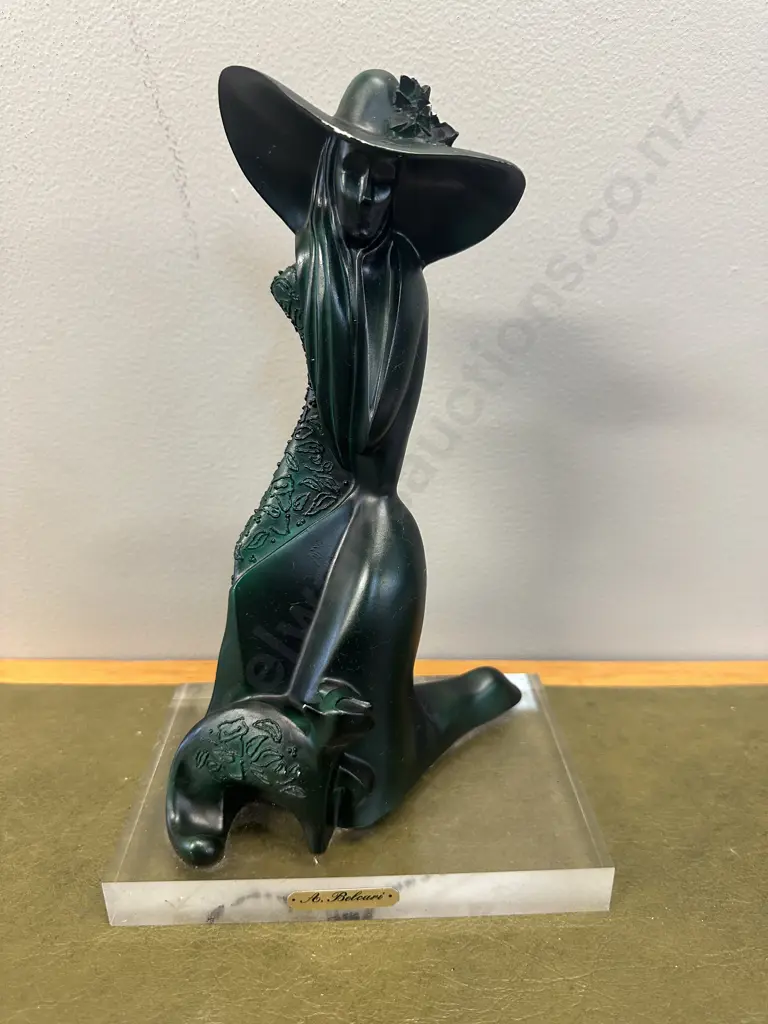 Signed A.Belcari Sculpture On Clear Plinth Woman In A Hat & Dress Image 1++