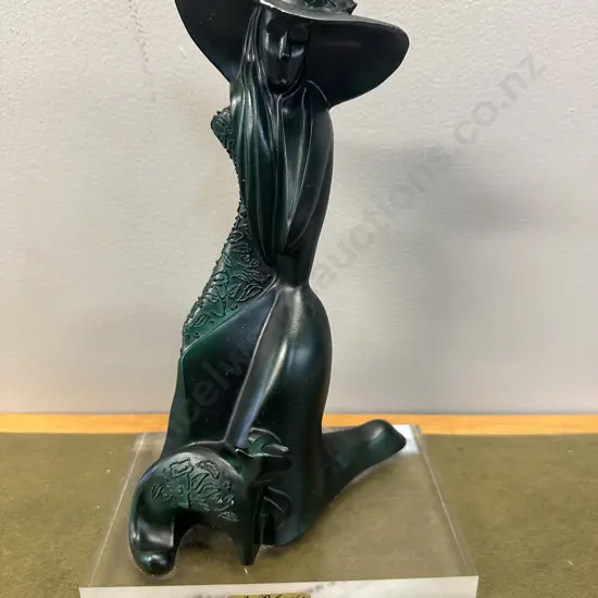 Signed A.Belcari Sculpture On Clear Plinth Woman In A Hat & Dress
