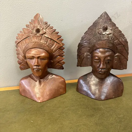 Pair Of Hand Carved Balinese Busts H21cm.