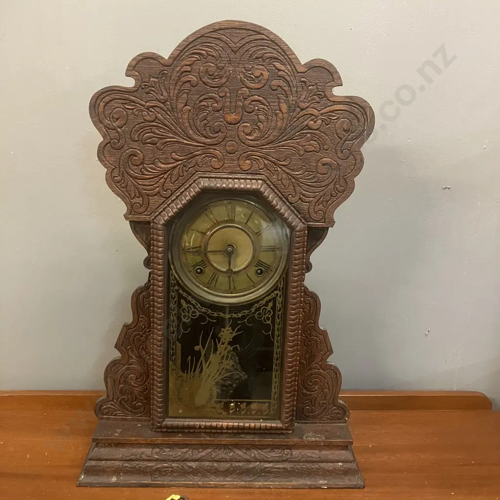 Antique Gingerbread Mantle clock with Key. H65cm Image 1++
