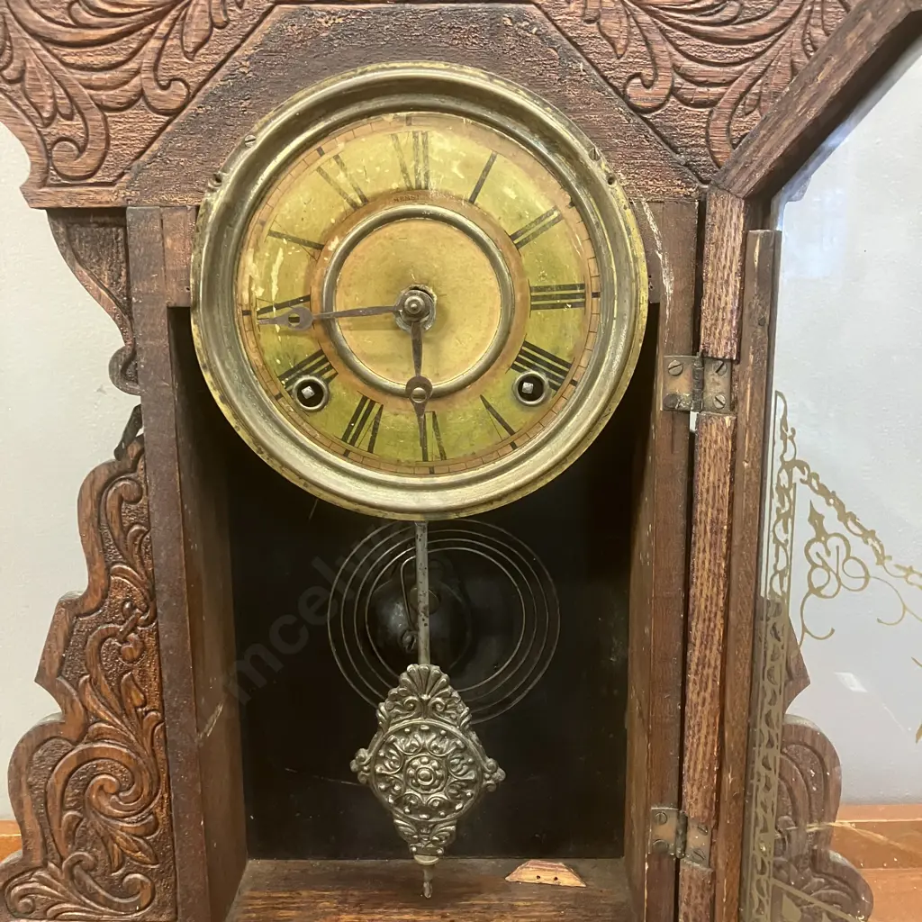 Antique Gingerbread Mantle clock with Key. H65cm Image 1++