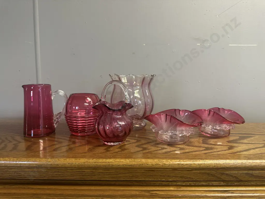 Vintage Cranberry Glass Items Including Sugar Bowl, Jug Etc Image 1++