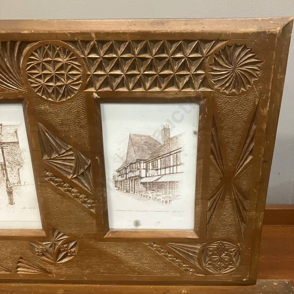 Triptych Architectual Studies Lion and Lamb Yard Print In A Carved Vintage Freestanding Wooden Frame. 30 x 67.5cm Image 1++