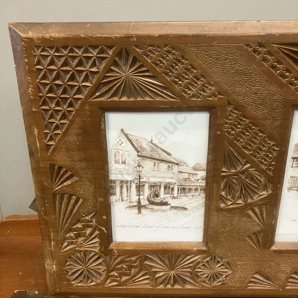 Triptych Architectual Studies Lion and Lamb Yard Print In A Carved Vintage Freestanding Wooden Frame. 30 x 67.5cm Image 1++