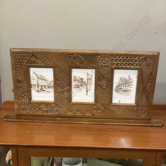 Triptych Architectual Studies Lion and Lamb Yard Print In A Carved Vintage Freestanding Wooden Frame. 30 x 67.5cm