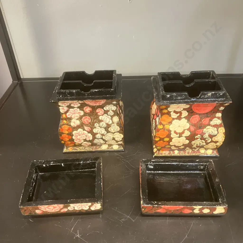 Pair of Vintage Kashmiri Hand Painted Lacquered Wood Lidded Boxes. H11 W9 D7cm Image 1++