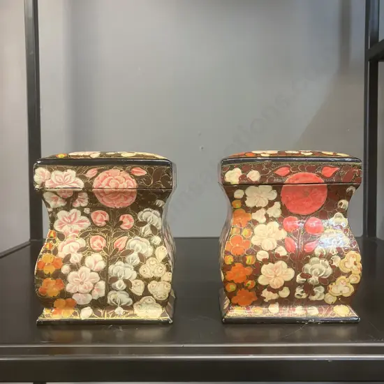 Pair of Vintage Kashmiri Hand Painted Lacquered Wood Lidded Boxes. H11 W9 D7cm