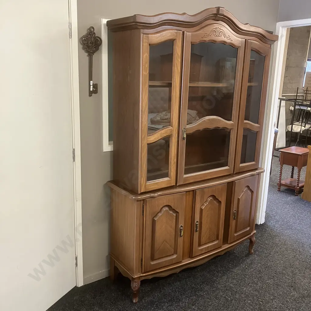 Wall Unit, Carved Detail, Wooden Shelves With Glass Inserts. H198 W132 D38cm - 2 Piece Image 1++