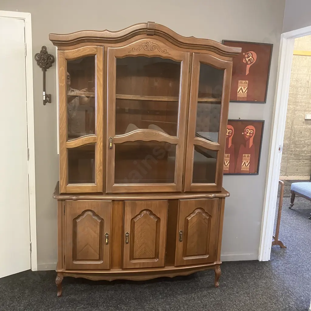 Wall Unit, Carved Detail, Wooden Shelves With Glass Inserts. H198 W132 D38cm - 2 Piece Image 1++