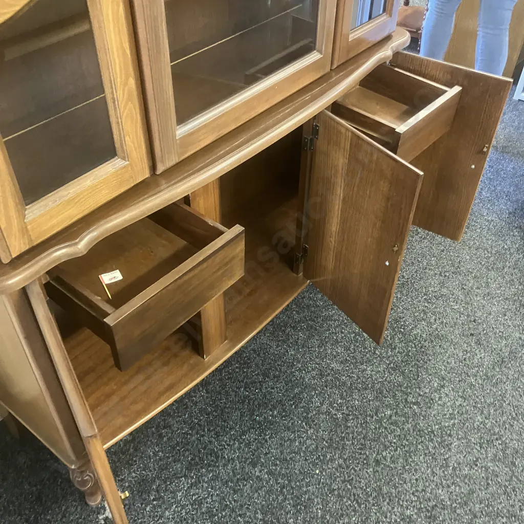 Wall Unit, Carved Detail, Wooden Shelves With Glass Inserts. H198 W132 D38cm - 2 Piece Image 1++