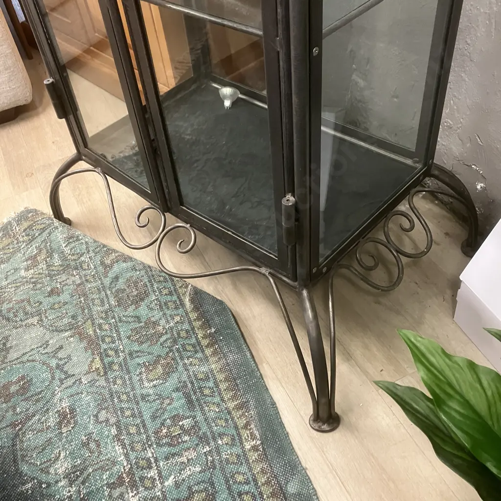Glass 2 Door Display Cabinet With Wrought Frame & Ornate Base, Glass Shelves & Key. H149 W64 D40cm (Base 87 x 57cm) Image 1++