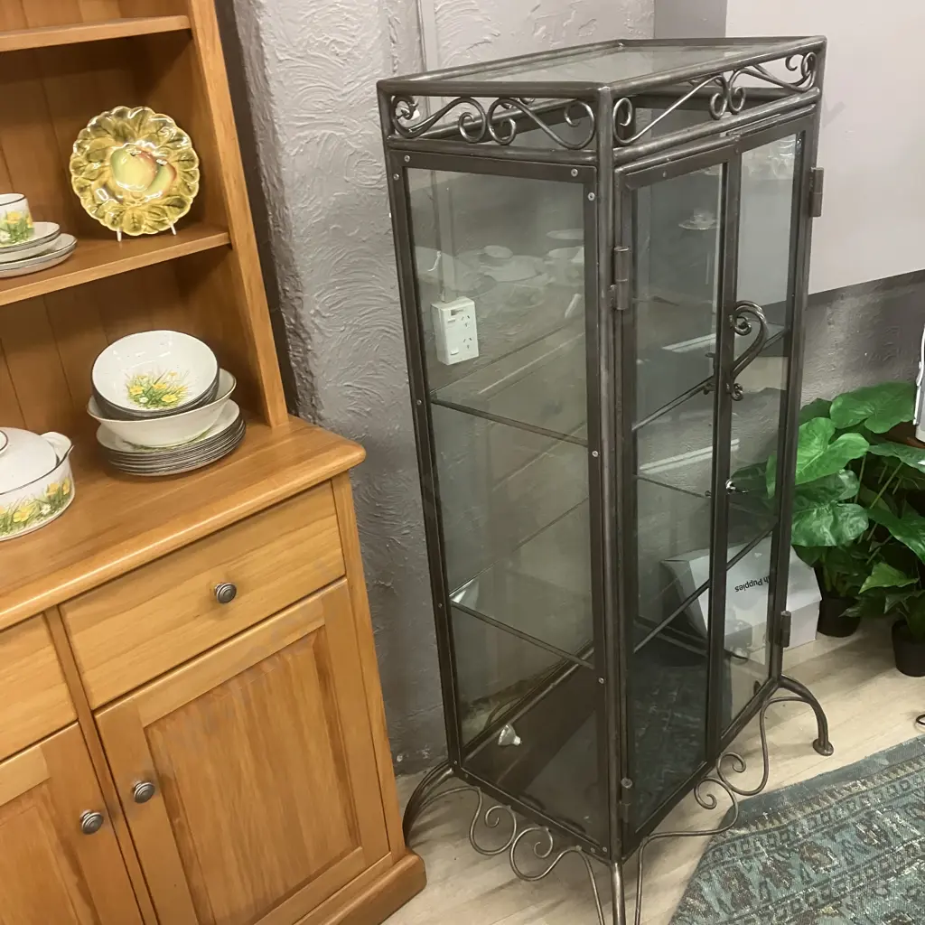 Glass 2 Door Display Cabinet With Wrought Frame & Ornate Base, Glass Shelves & Key. H149 W64 D40cm (Base 87 x 57cm) Image 1++