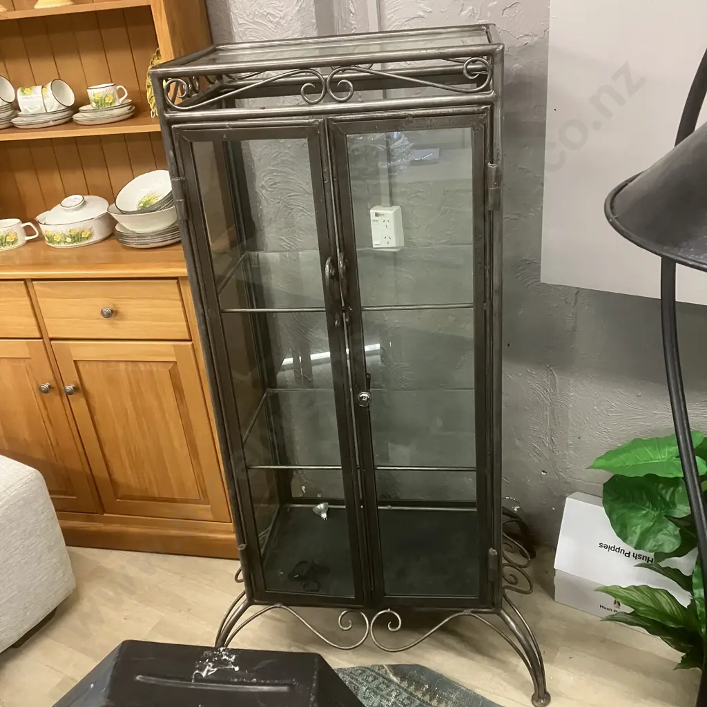 Glass 2 Door Display Cabinet With Wrought Frame & Ornate Base, Glass Shelves & Key. H149 W64 D40cm (Base 87 x 57cm) Image 1++