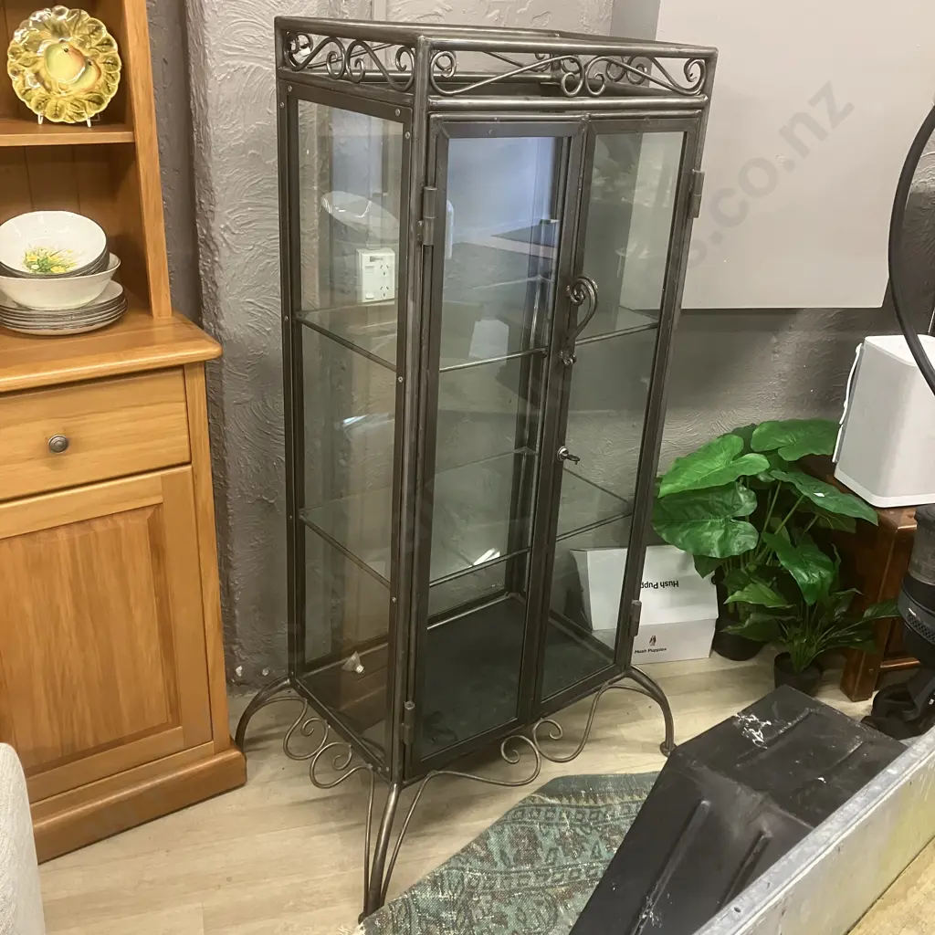Glass 2 Door Display Cabinet With Wrought Frame & Ornate Base, Glass Shelves & Key. H149 W64 D40cm (Base 87 x 57cm) Image 1++