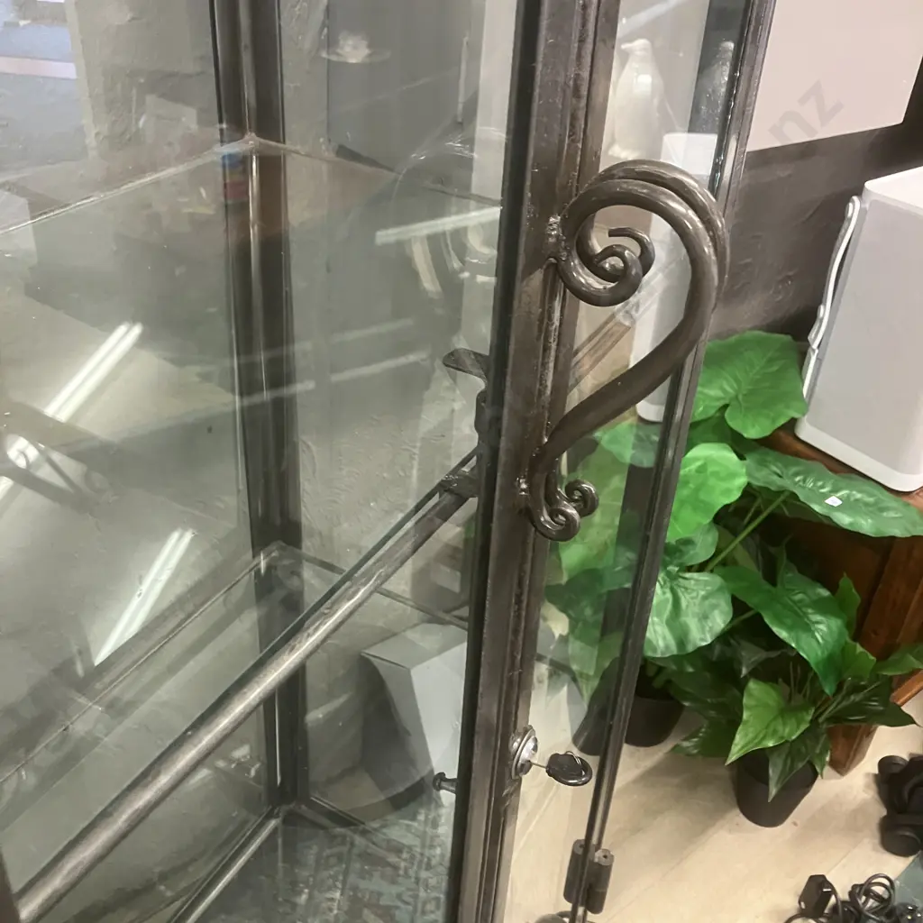 Glass 2 Door Display Cabinet With Wrought Frame & Ornate Base, Glass Shelves & Key. H149 W64 D40cm (Base 87 x 57cm) Image 1++