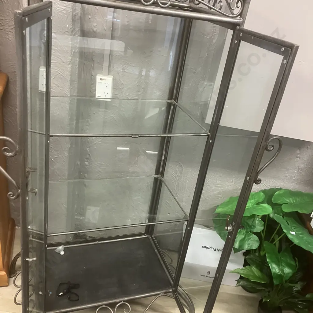 Glass 2 Door Display Cabinet With Wrought Frame & Ornate Base, Glass Shelves & Key. H149 W64 D40cm (Base 87 x 57cm) Image 1++